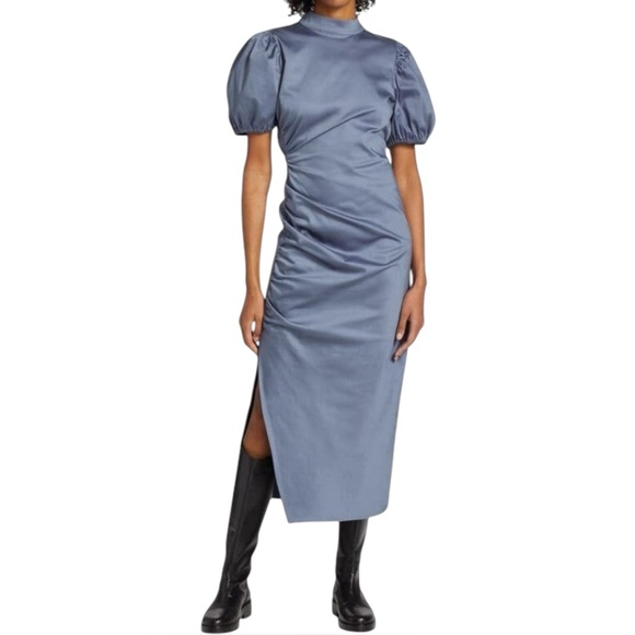 GESTUZ Dresses & Skirts - GESTUZ Sunnagz Open Back High Neck Side Slit Ruched Puff Sleeve Midi‎ Dress 2